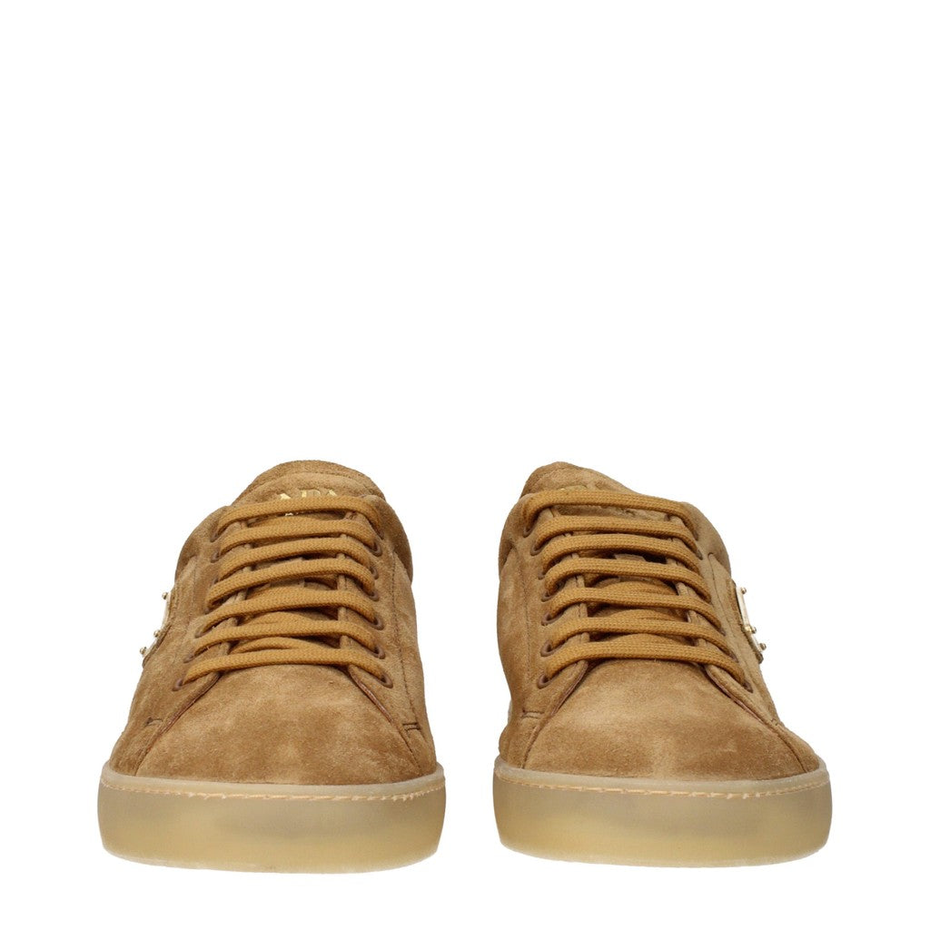 Prada Suède sneakers met goudkleurige details – Bruin