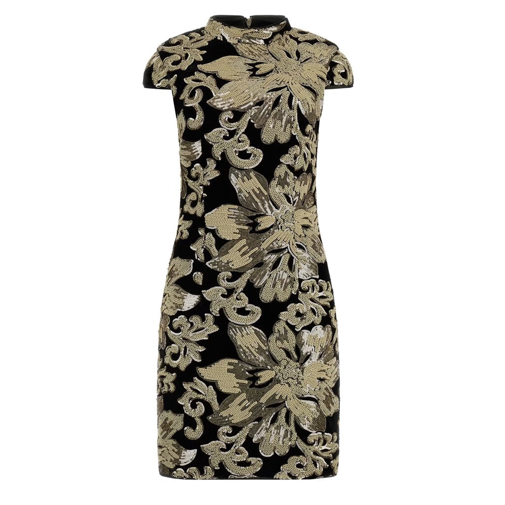 Guess Mouwloze fluwelen jurk met ritssluiting – Zwart / Beige