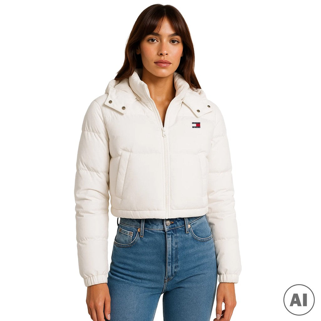 Tommy Jeans Alaska Pufferjas met capuchon en trekkoord – Gebroken wit