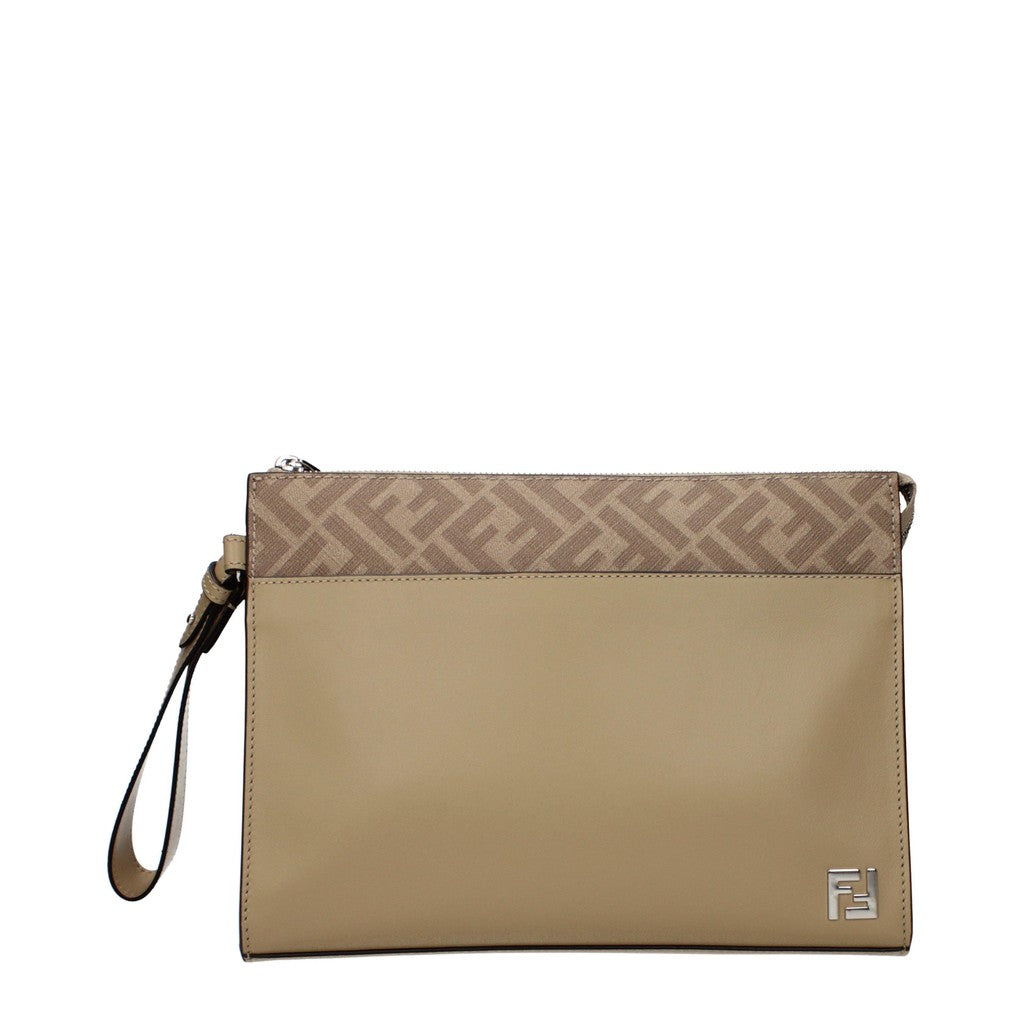 Fendi Clutch van leer en stof met ritssluiting – Beige