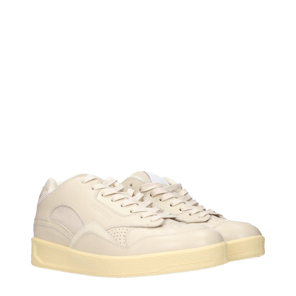 Jil Sander Sneakers van leer en stof met vetersluiting – Beige