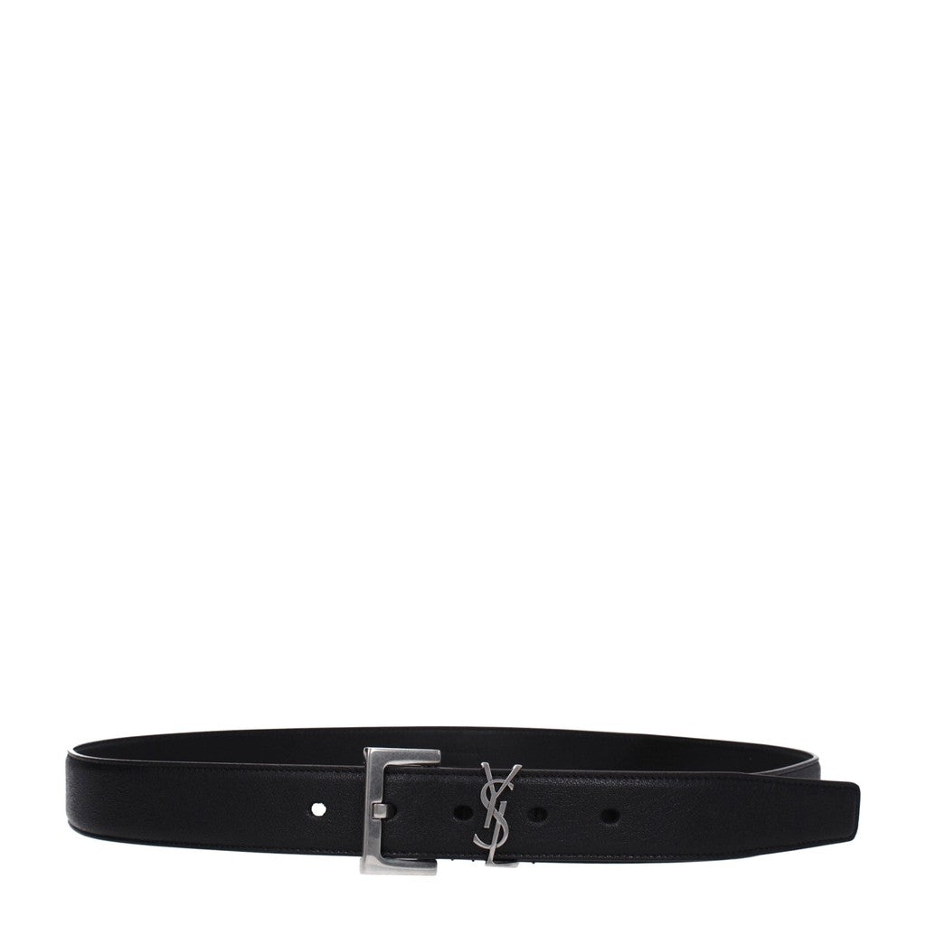 Saint Laurent Cassandre Leren riem met zilverkleurige details – Zwart