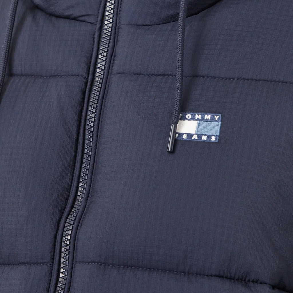 Tommy Jeans Pufferjas met capuchon en trekkoord – Marineblauw