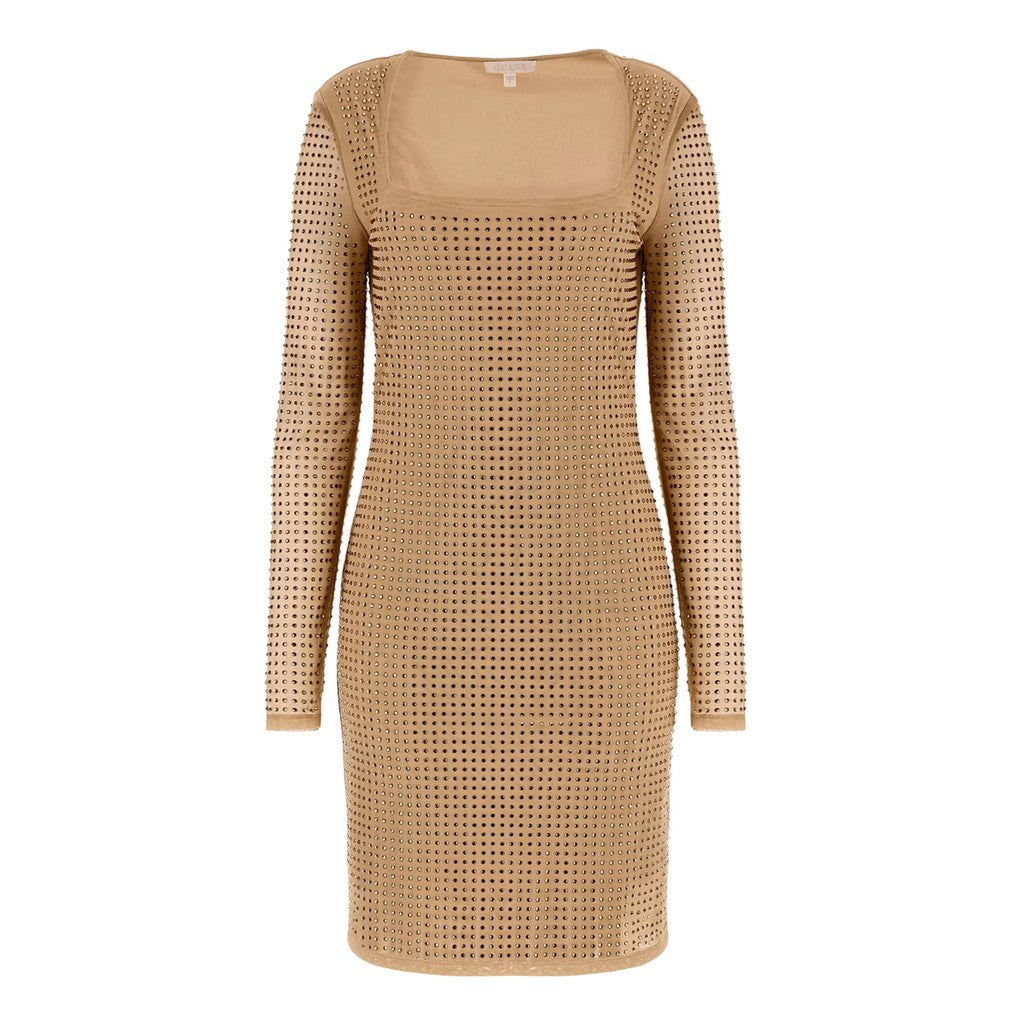 Guess Knielange jurk met diepe halslijn – Beige