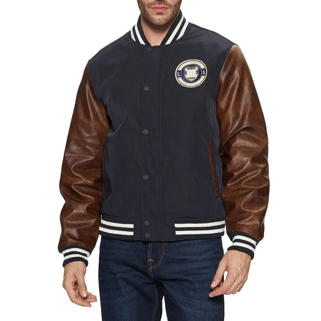 Guess Bomberjack met geborduurd logo en rits- en knoopsluiting – Blauw