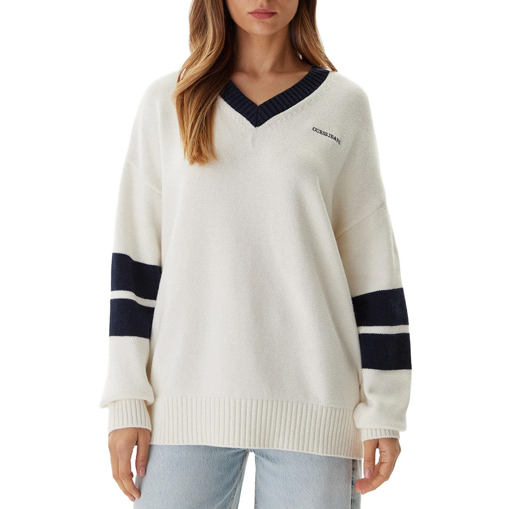 Guess Gebreide trui met V-hals en geborduurd logo – Wit