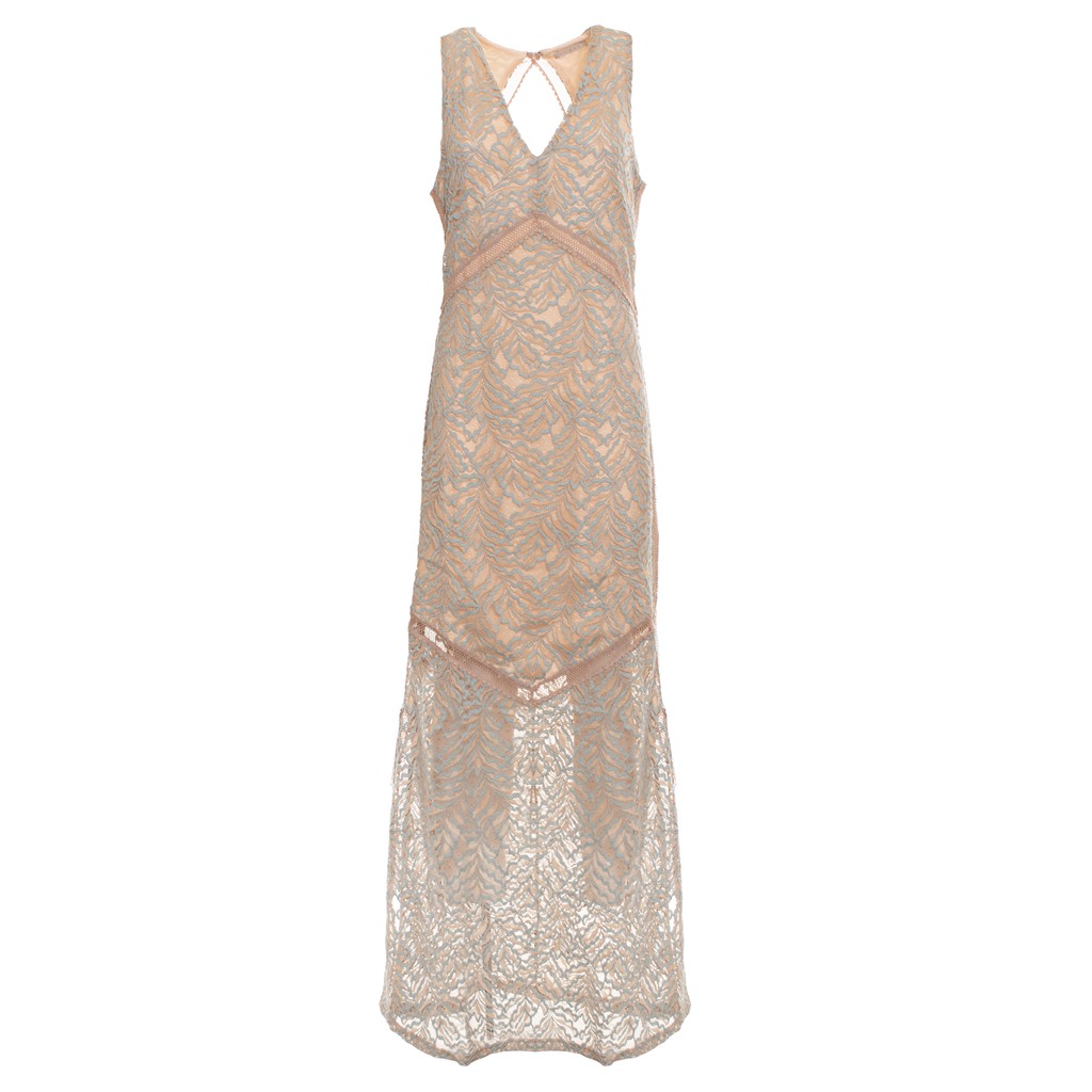 Guess Mouwloze maxi-jurk met rits- en knoopsluiting – Beige / Blauw