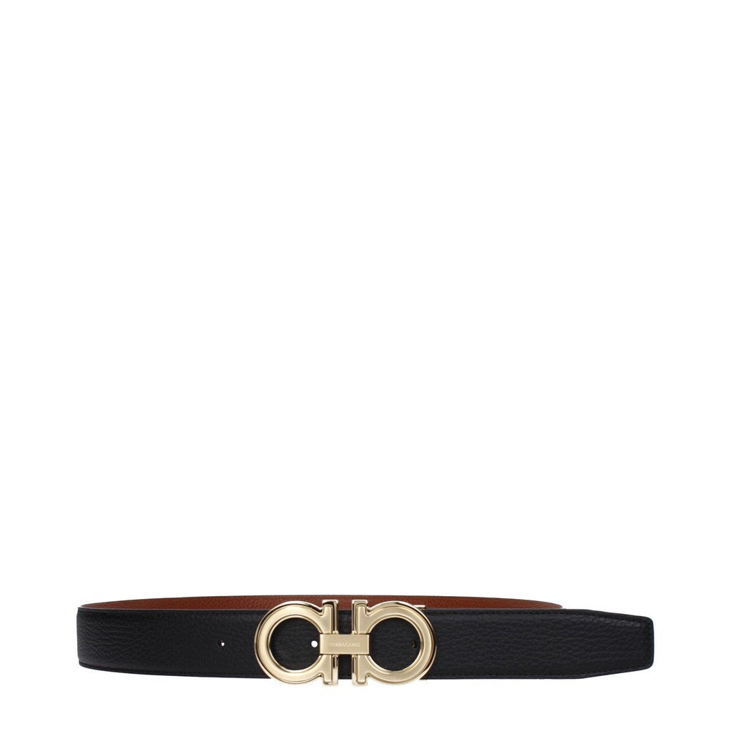 Salvatore Ferragamo Gancini Leren riem met goudkleurige details – Zwart / Cognac
