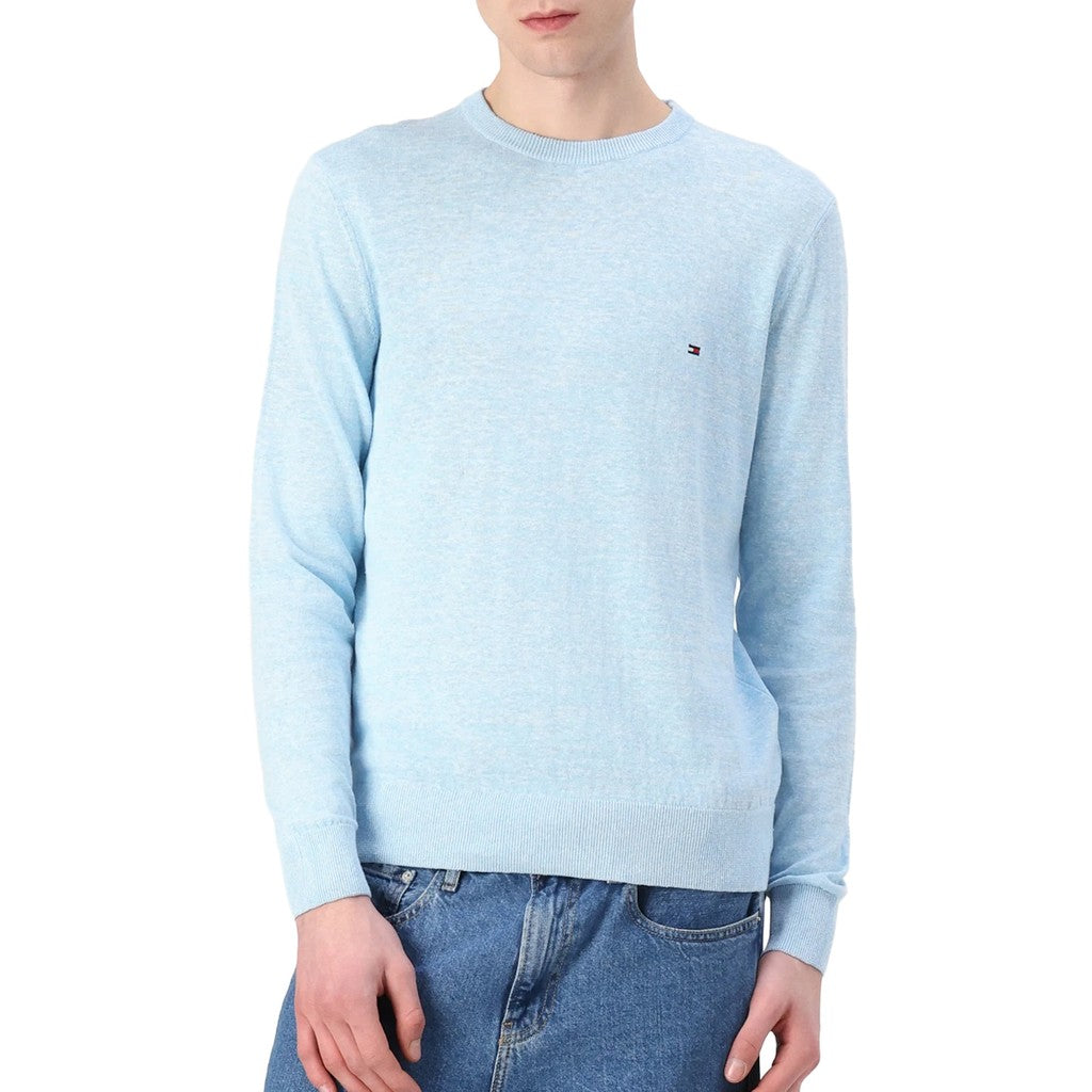 Tommy Hilfiger Effen trui met ronde hals en logo – Lichtblauw