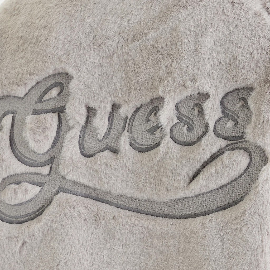 Guess Jas van imitatiebont met capuchon en geborduurd logo – Lichtgrijs