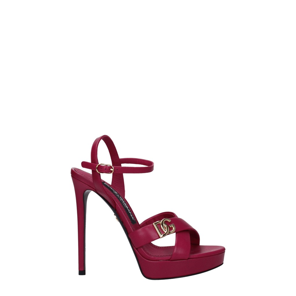 Dolce & Gabbana Leren sandalen met hak en goudkleurige details – Fuchsia