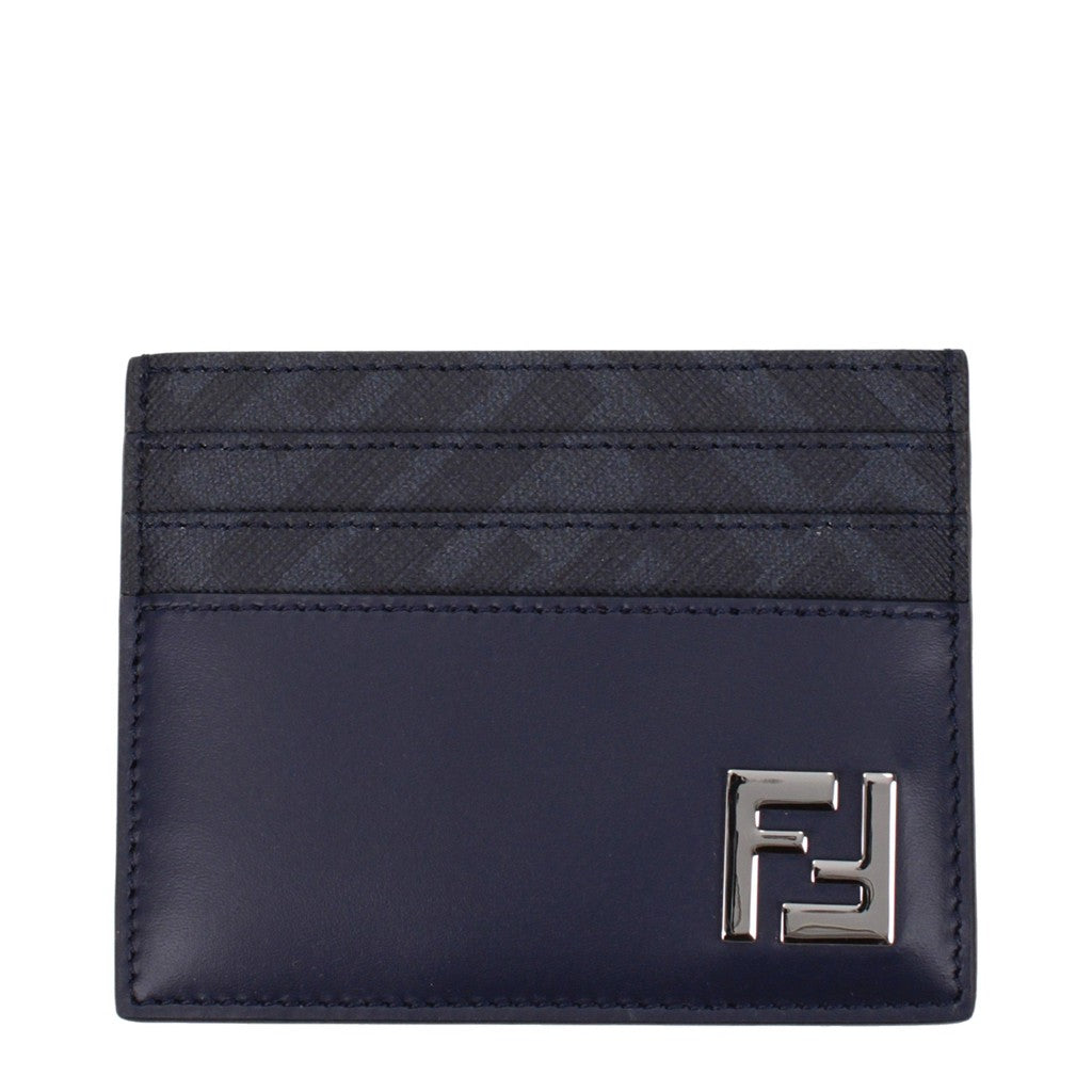 Fendi Kaarthouder van leer en stof met zeven kaartvakken – Blauw
