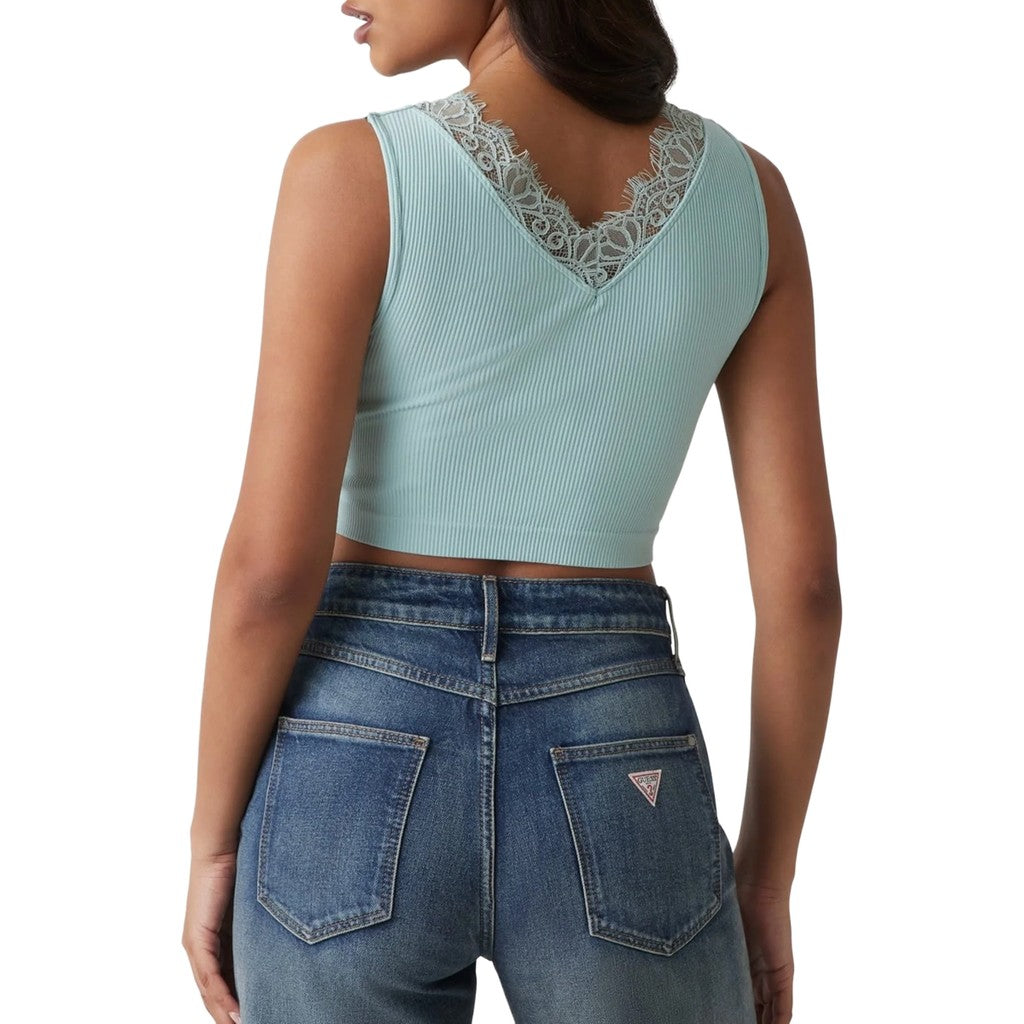 Guess Top met V-hals en geborduurd logo – Mintgroen