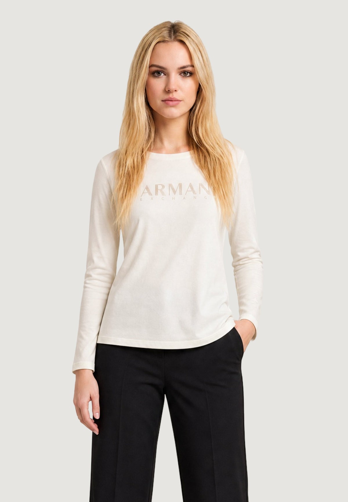 Armani Exchange T-shirt met Lange Mouwen en Strass – Beige