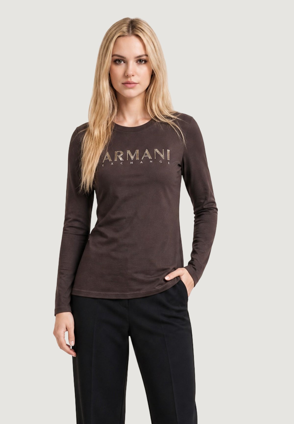 Armani Exchange T-shirt met Lange Mouwen en Print Dames – Bruin