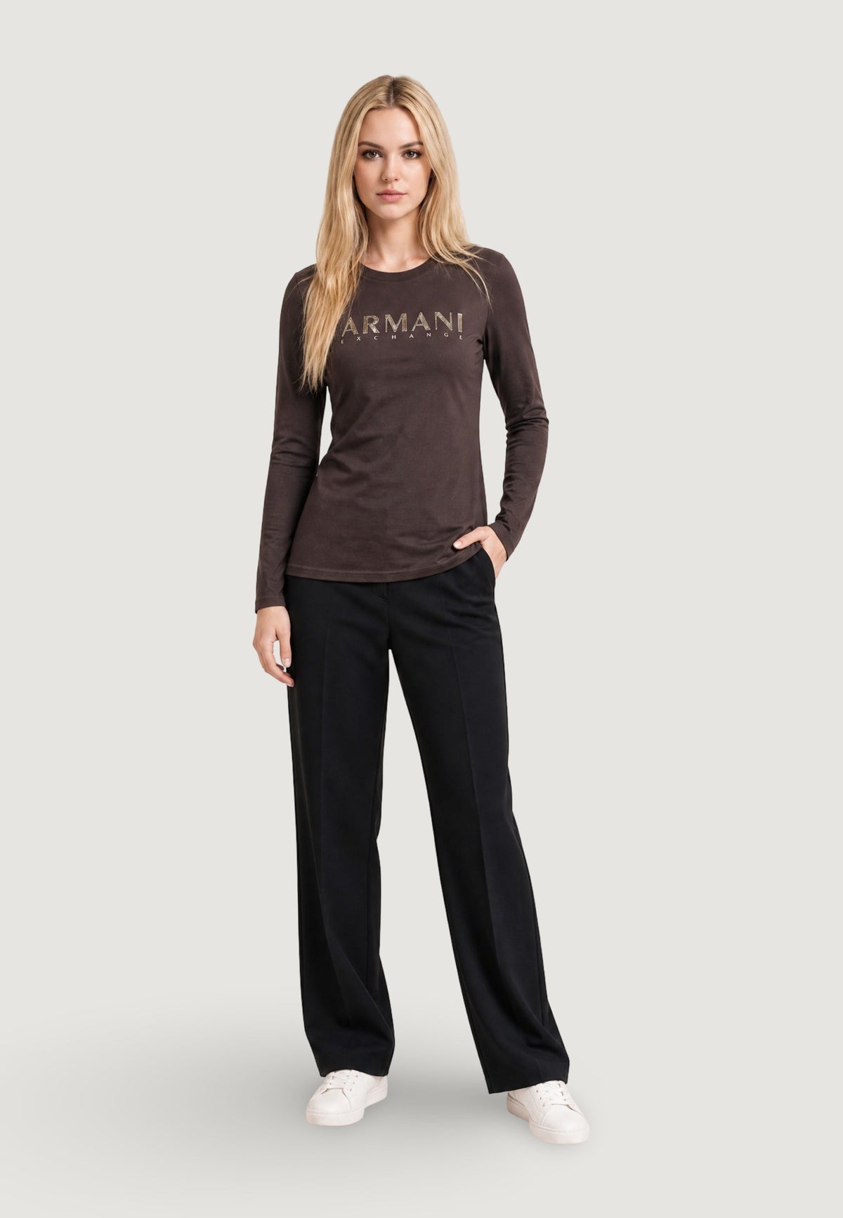 Armani Exchange T-shirt met Lange Mouwen en Print Dames – Bruin