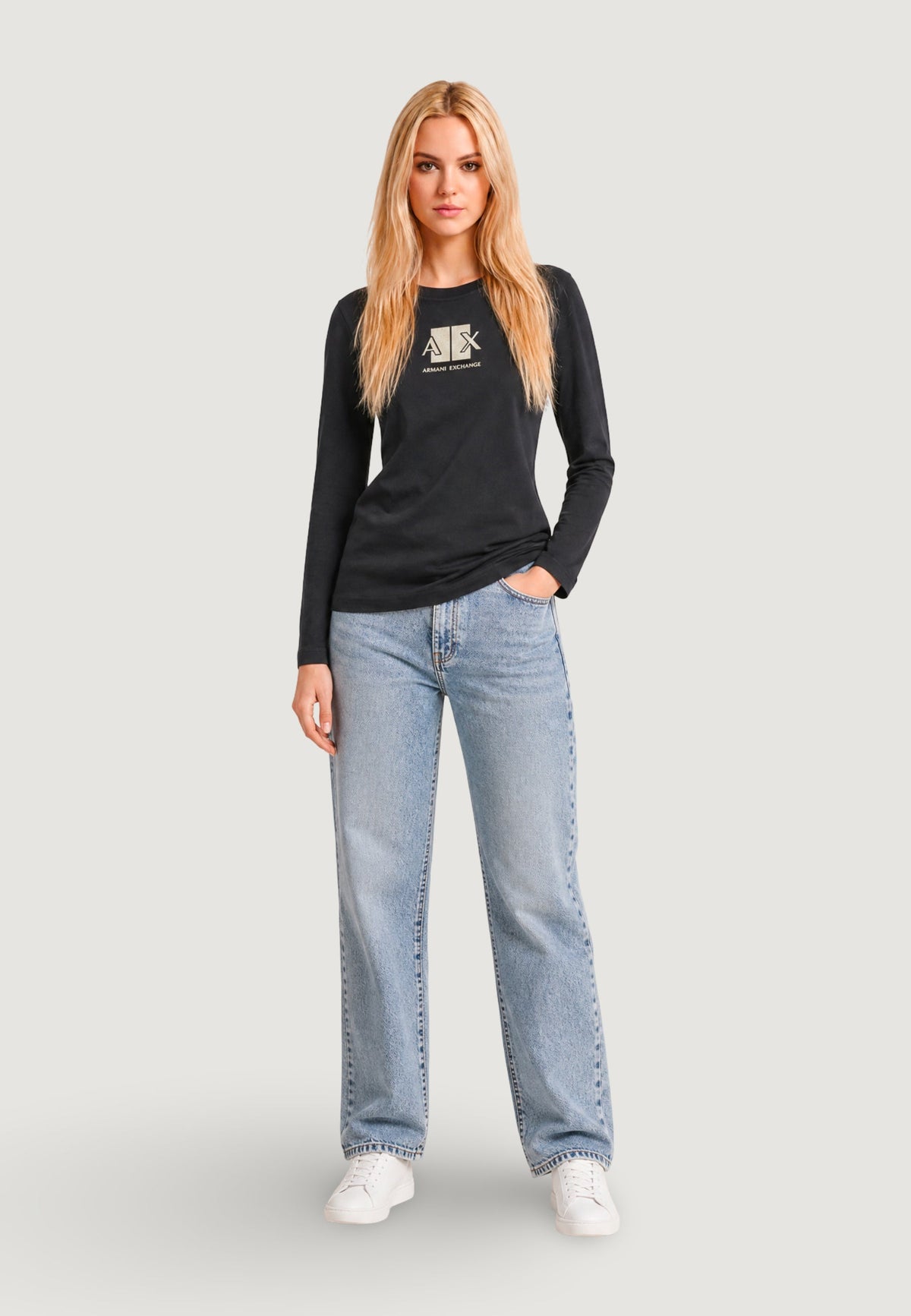 Armani Exchange T-shirt met Lange Mouwen en Print Dames – Zwart