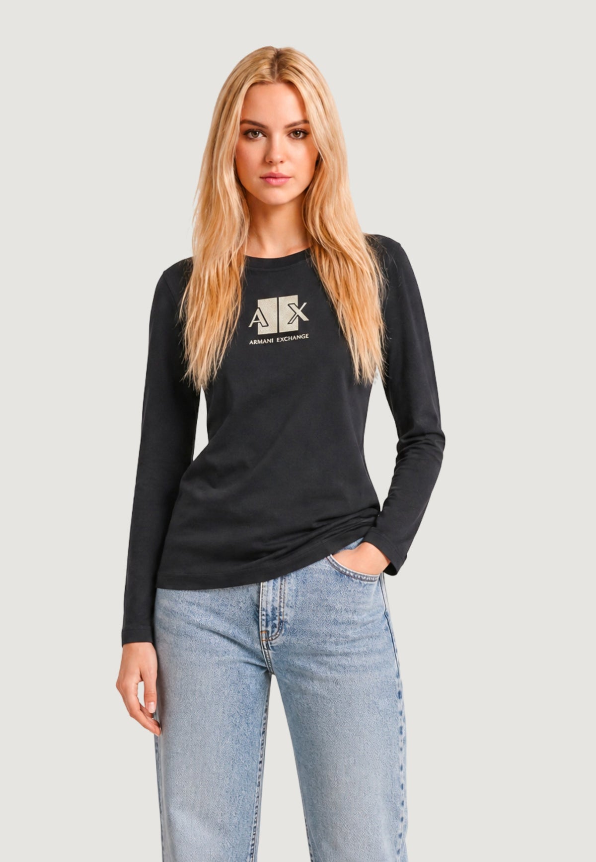 Armani Exchange T-shirt met Lange Mouwen en Print Dames – Zwart