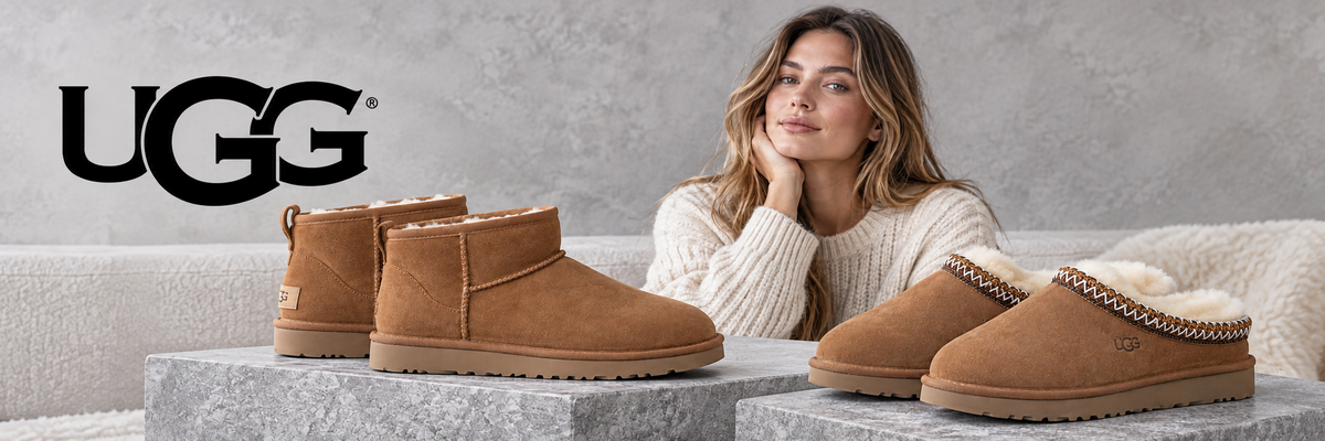 UGG boots en pantoffels – vrouw bij bruine suède UGG laarsjes en slippers