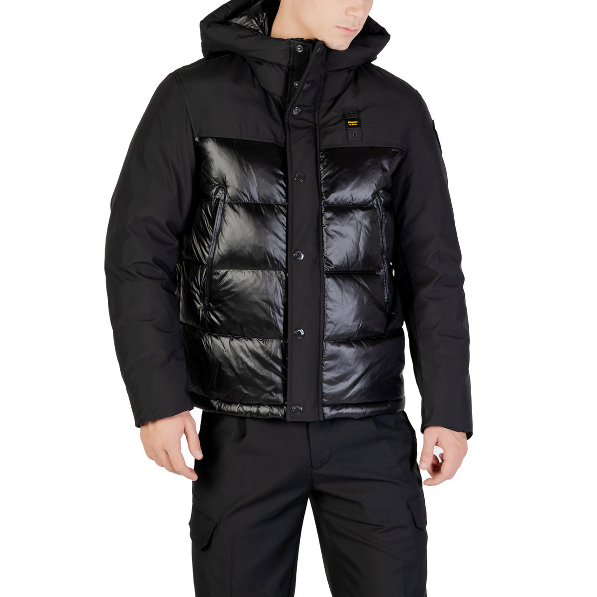 Blauer Gewatteerde jas van nylon met capuchon – Zwart