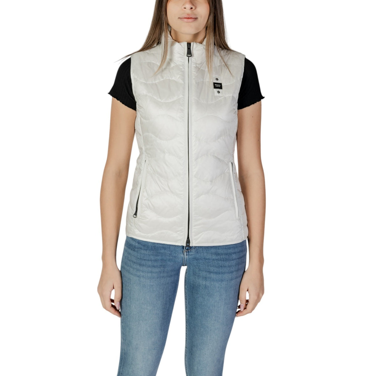 Blauer Gilet met knoopsluiting en hoge hals – Wit