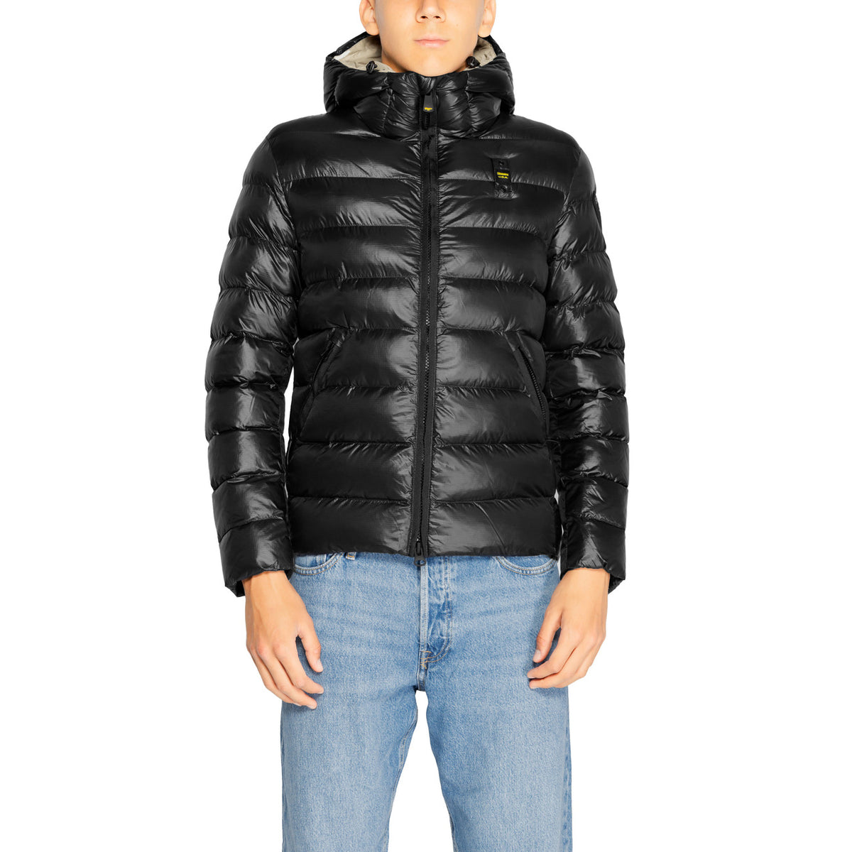Blauer Gewatteerde jas van nylon met capuchon – Zwart