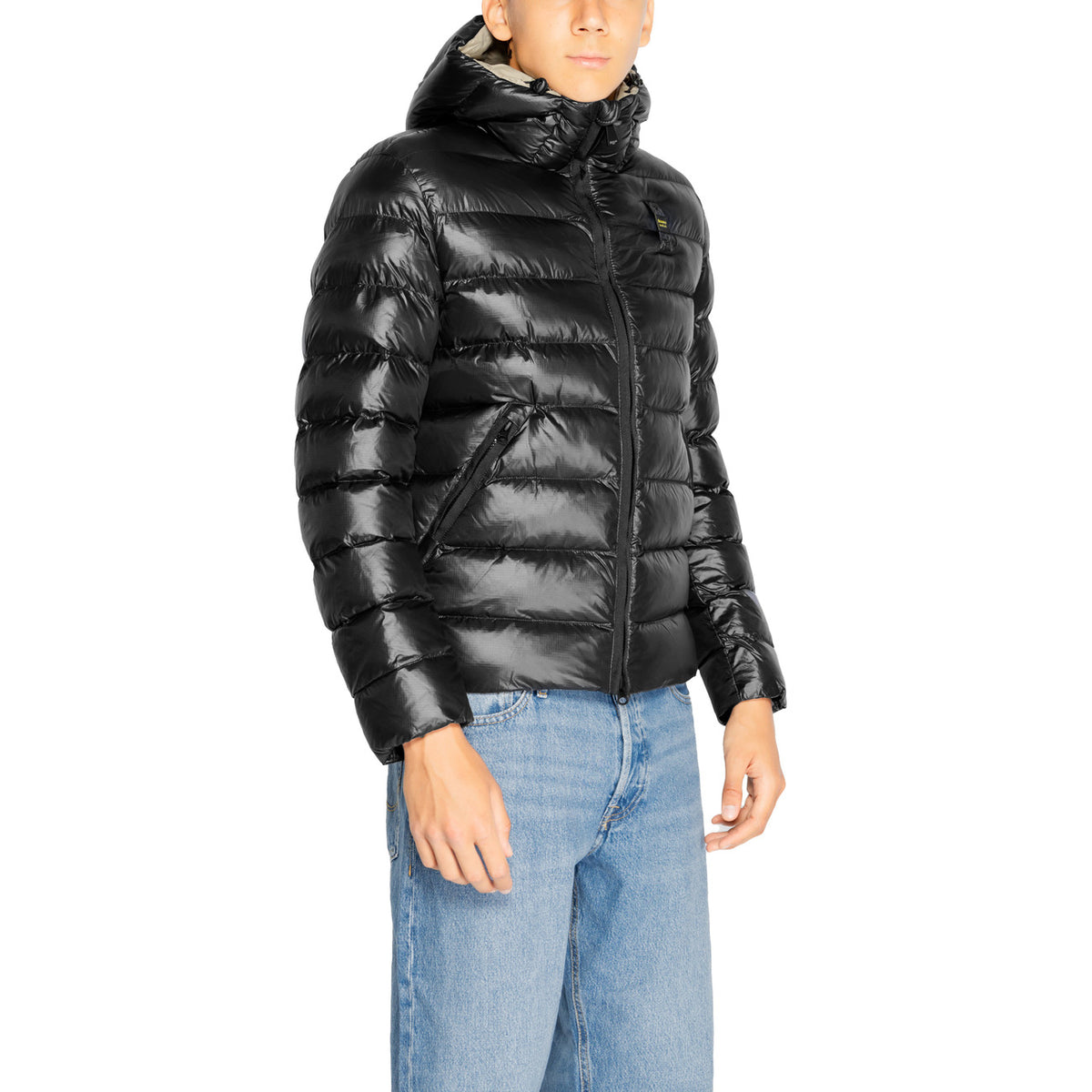 Blauer Gewatteerde jas van nylon met capuchon – Zwart