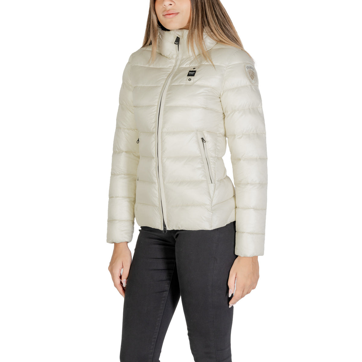 Blauer Gewatteerde jas van polyamide met knopensluiting – Wit