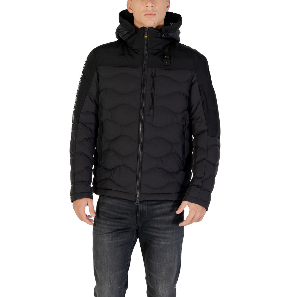 Blauer Gewatteerde jas van nylon met capuchon – Zwart
