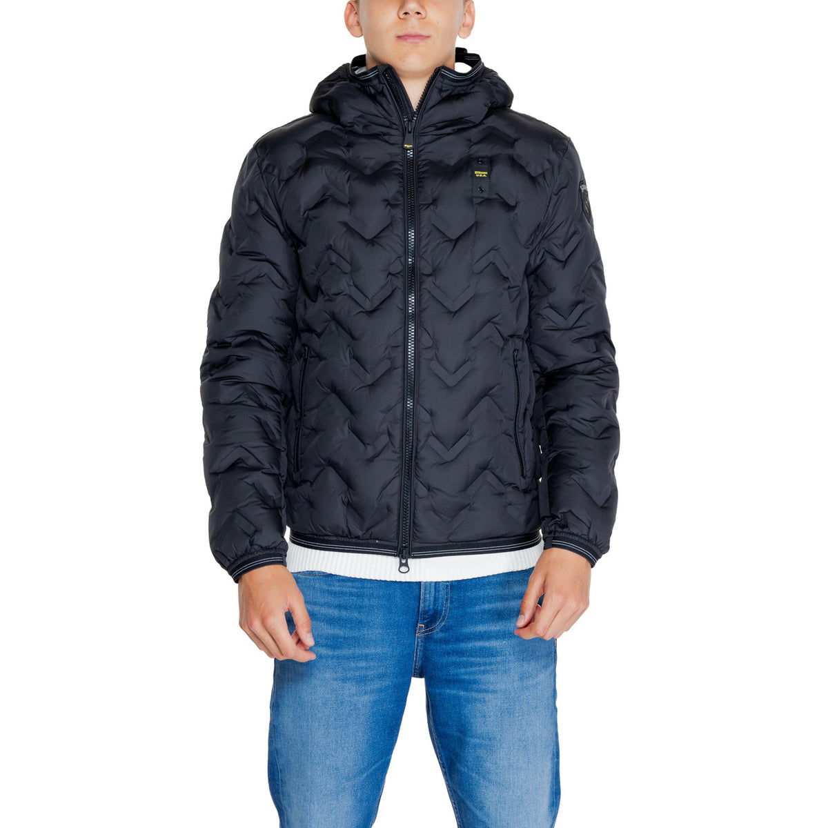 Blauer Gewatteerde jas van nylon met capuchon – Zwart