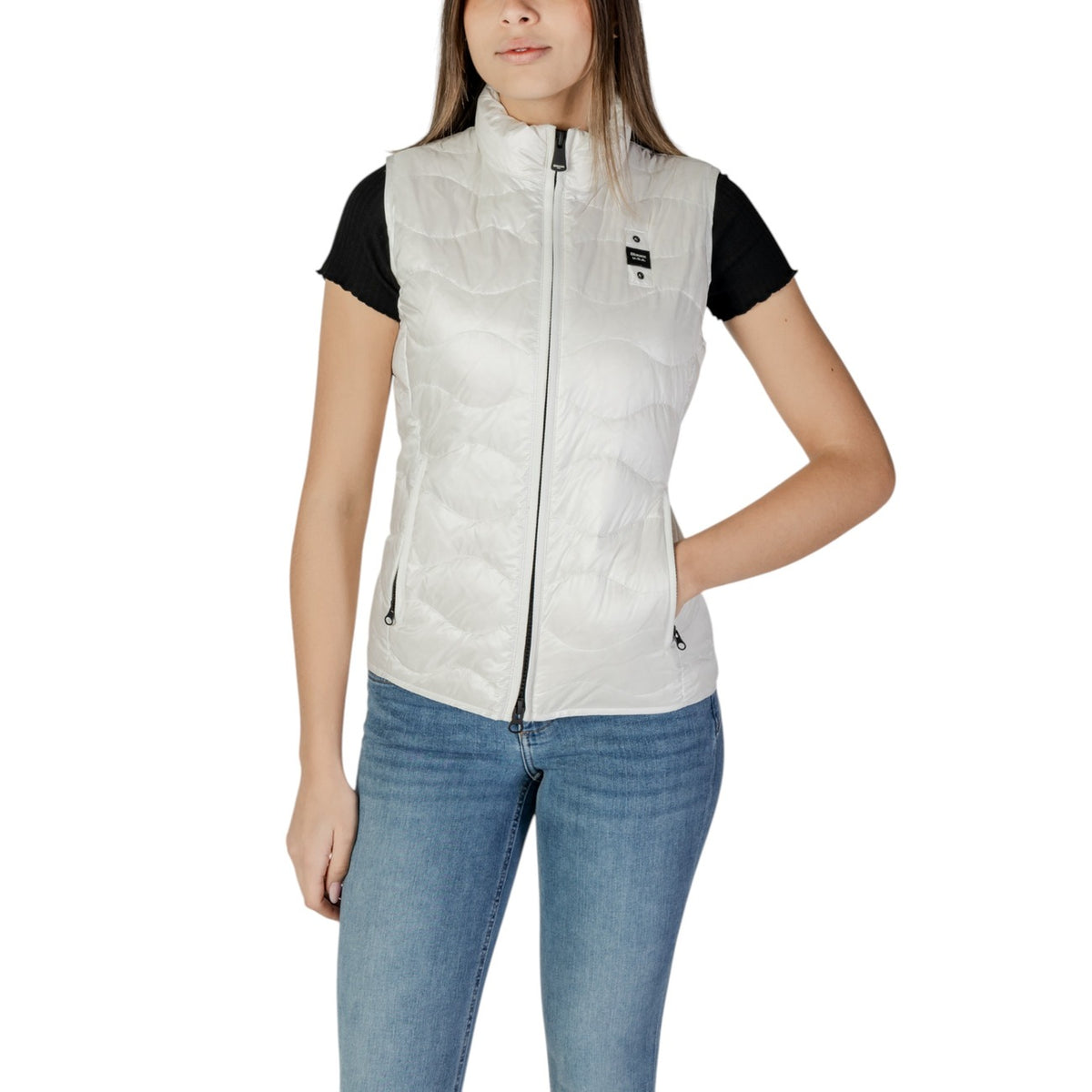 Blauer Gilet met knoopsluiting en hoge hals – Wit