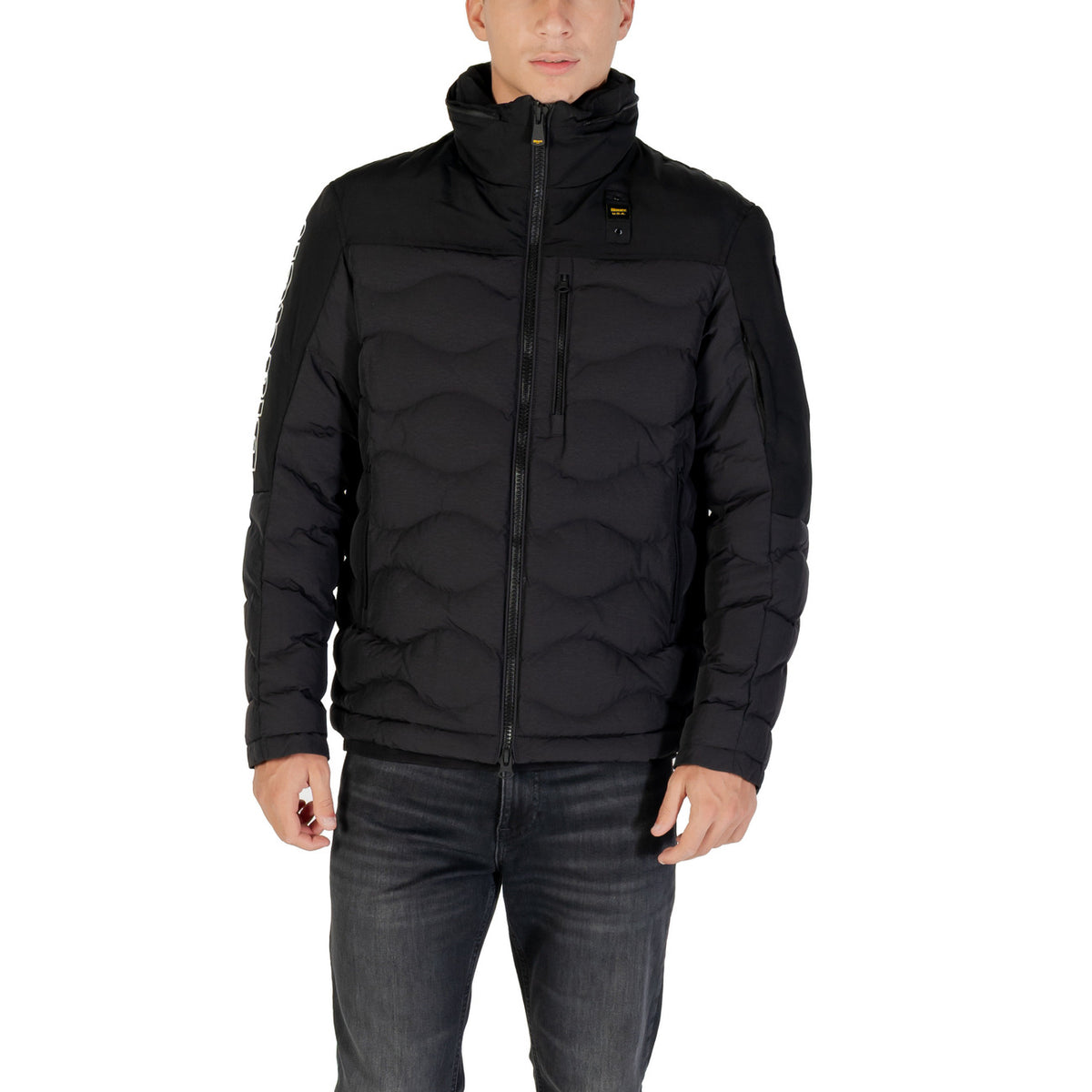 Blauer Gewatteerde jas van nylon met capuchon – Zwart